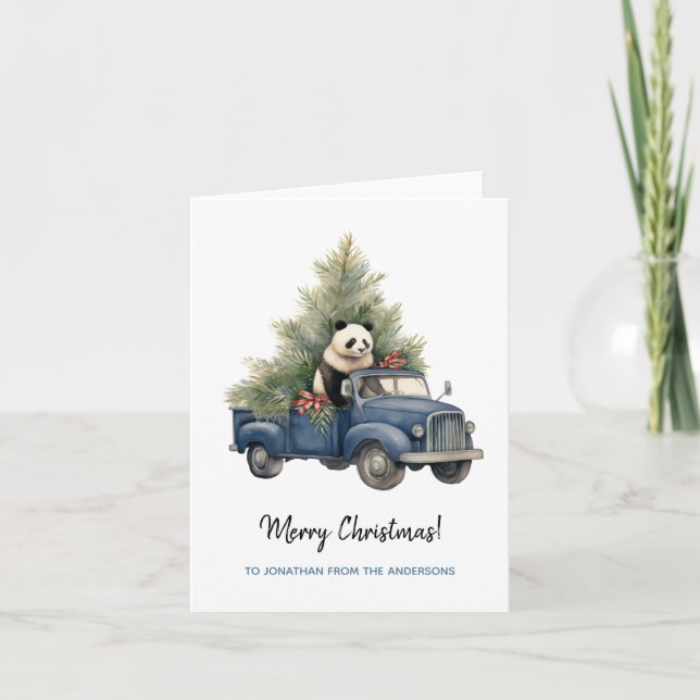 Funny Panda in Blue Retro Truck Xmas Karte (Vorderseite)