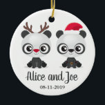 Funny Pandas custom names and date Keramik Ornament<br><div class="desc">Christmas ornament featuring two funny pandas wearing up Santa hat and Rudolph red nose reindeer. Personalised with your names and foto (on backside).</div>