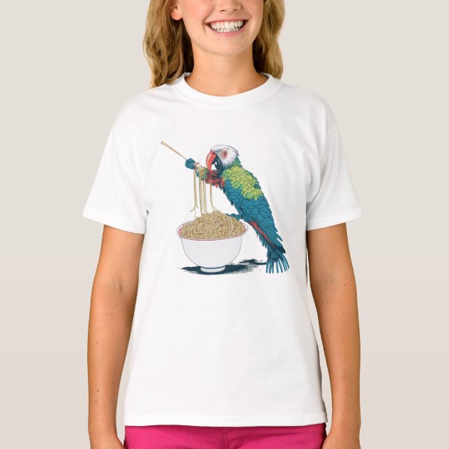 Funny Parrot Eating Ramen Noodles T-Shirt (Vorderseite)