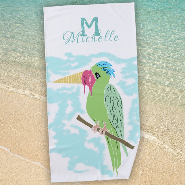 Funny Parrot mit Ice Creme Monogram Name Strandtuch (Von Creator hochgeladen)