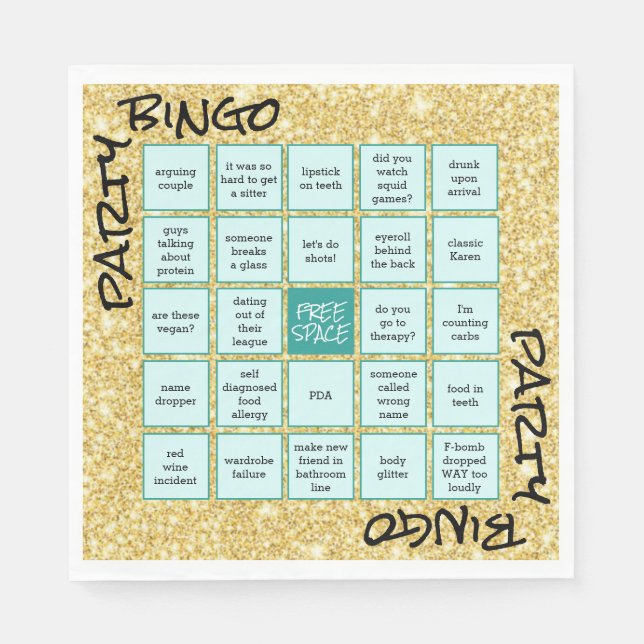 Funny Party Bingo Gold Glitzer Aquamarin Napkins Serviette (Vorderseite)