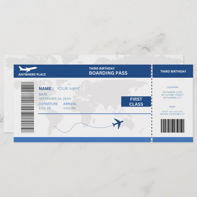 Funny passport, boarding pass ticket 3rd birthday einladung (Vorne/Hinten)