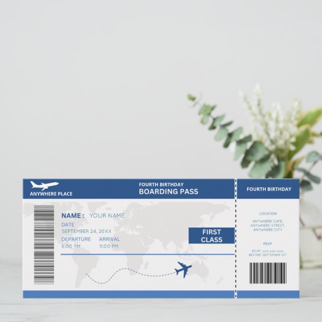 Funny passport, boarding pass ticket 4th birthday einladung (Stehend Vorderseite)