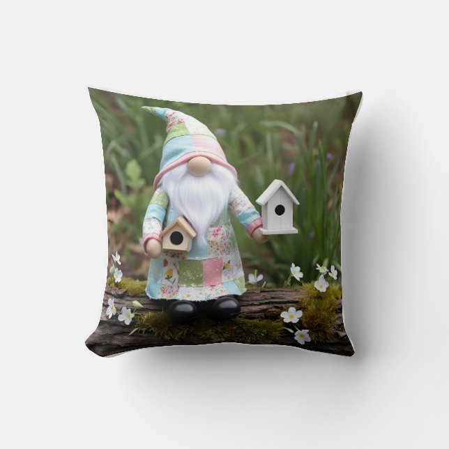 Funny Patchwork Gnome: Zuhause Sweet Birdhouse Kissen (Vorderseite)