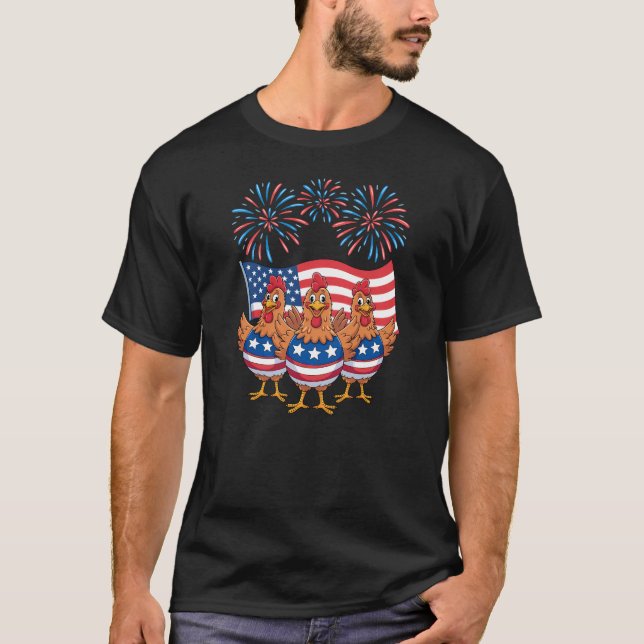 Funny Patriotic Chickens USA Flag 4. Juli T-Shirt (Vorderseite)