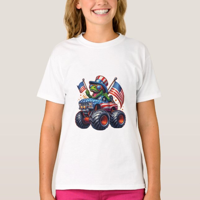 Funny Patriotic Dinosaur T Rex auf Monster Truck T-Shirt (Vorderseite)
