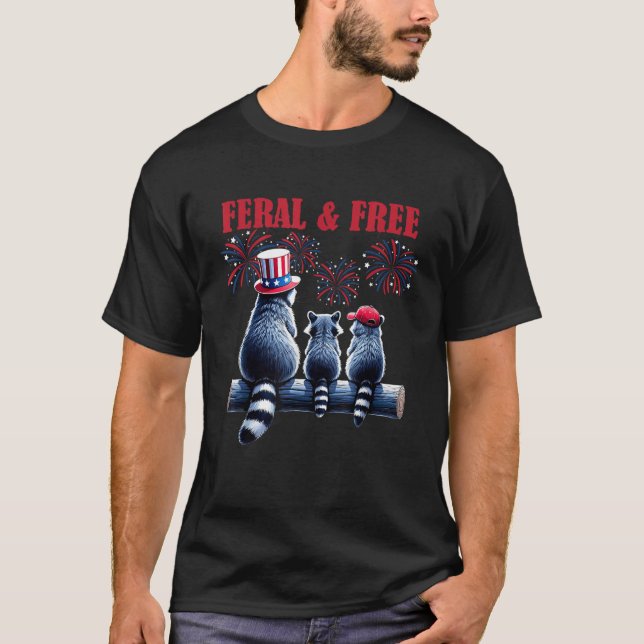 Funny Patriotic Racoon Feral und kostenlos 4. Juli T-Shirt (Vorderseite)