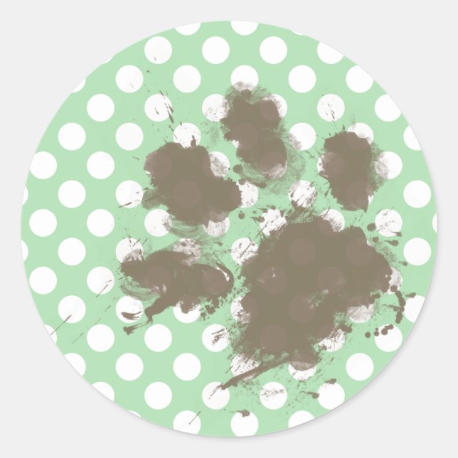 Funny Paw Print auf Celadon Green Polka Dots Runder Aufkleber (Vorderseite)