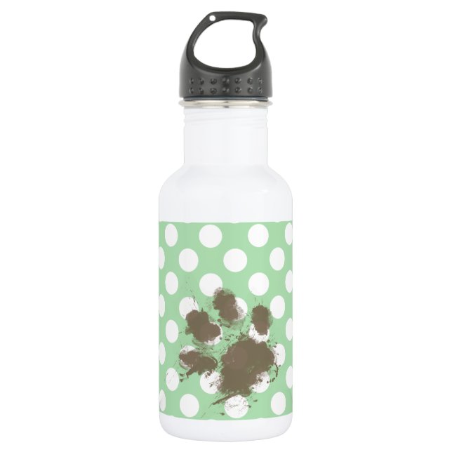 Funny Paw Print auf Celadon Green Polka Dots Trinkflasche (Vorderseite)