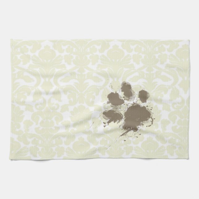 Funny Paw Print on Ivory Damask Pattern Geschirrtuch (Horizontal)