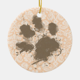 Funny Paw Print on Light Apricot, Peach Damask Keramikornament