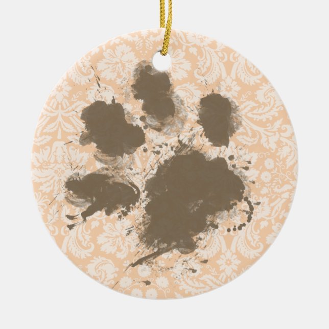 Funny Paw Print on Light Apricot, Peach Damask Keramikornament (Vorne)