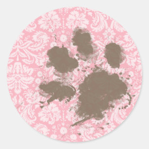 Funny Pawprint auf Blase Gum Pink Damask Runder Aufkleber