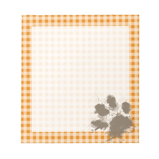 Funny Pawprint auf Dark Orange Gingham Notizblock (Vorderseite)