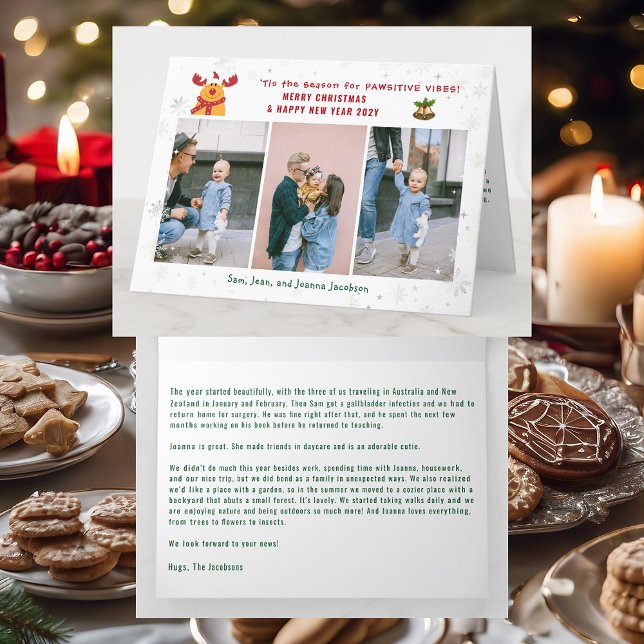 Funny Pawsitive Rudolph 3 Fotos Minimalistisch Mod Feiertagskarte (Cute Elegant Funny Rudolph Pawsitive Vibes Merry Xmas Happy New Year 3 Photos Snowflakes Letter )