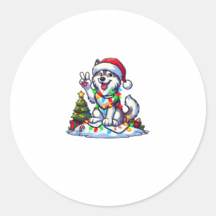 Funny Peace Hand Husky Weihnachtsleuchten Frauen M Runder Aufkleber