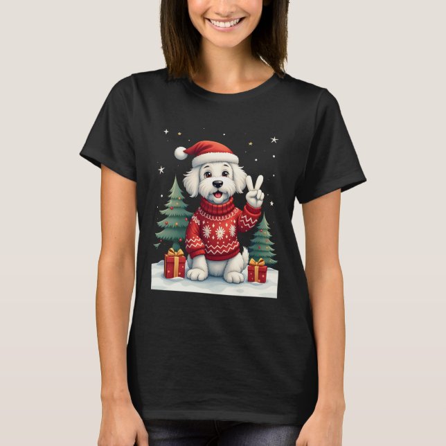 Funny Peace Hand Maltese Christmas Lights Womens M T-Shirt (Vorderseite)