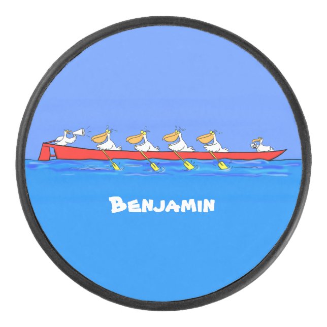 Funny pelicans ruderender Cartoon Eishockey Puck (Vorderseite)