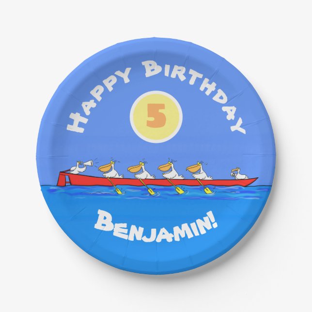 Funny pelicans ruderender Cartoon Pappteller (Vorderseite)