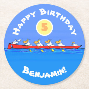 Funny pelicans ruderender Cartoon Runder Pappuntersetzer