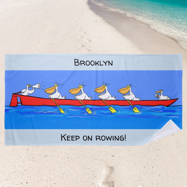 Funny pelicans Ruderteam Cartoon personalisiert. Strandtuch (Have fun at the beach with this rowing pelicans cartoon towel.)