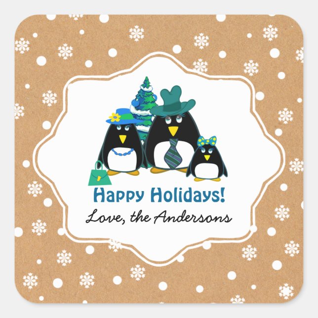 Funny Penguin Familie Custom Weihnachtskleber Quadratischer Aufkleber (Vorderseite)