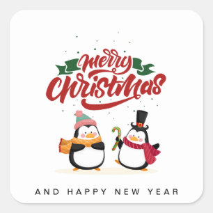 Funny Penguin Weihnachtskarte, Frohe Weihnachten Quadratischer Aufkleber