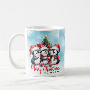 Funny Penguins Blau und Rot Frohe Weihnachten Kaffeetasse
