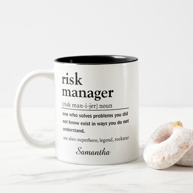 Funny Personalized Risk Manager Definition Zweifarbige Tasse (Mit Donut)