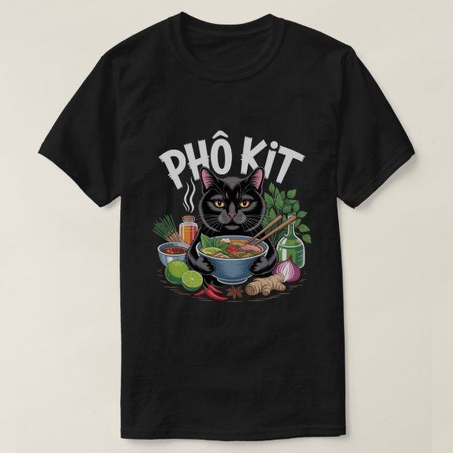 Funny “Phô Kit” Black Cat T-Shirt (Design vorne)