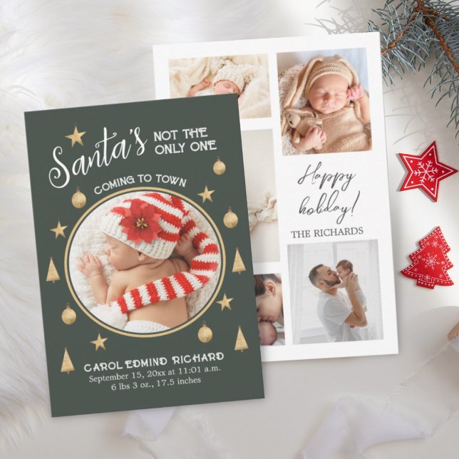 Funny Photo Collage Birth Stats Holiday  Dankeskarte (GREEN CHRISTMAS BABY BIRTH ANNOUNCEMENT CARD)
