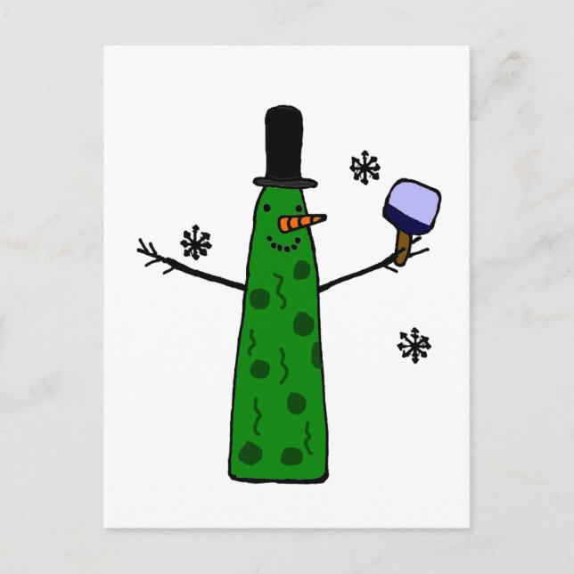 Funny Pickle Snowman Holding Pickleball Paddle Postkarte (Vorderseite)
