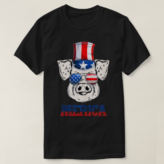 Funny Pig 4th of July Patriotic American Flag Sung T-Shirt (Design vorne)