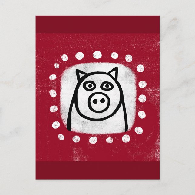 Funny Pig auf der roten Postkarte (Vorderseite)