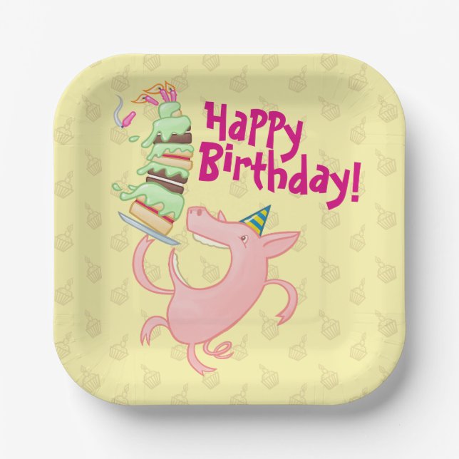 Funny Pig Happy Geburtstag! Riesenkuchen-Cartoon Pappteller (Vorderseite)