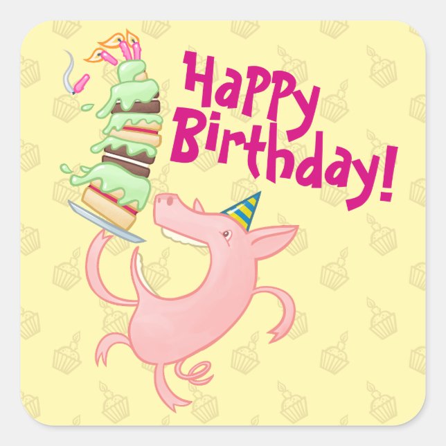 Funny Pig Happy Geburtstag! Riesenkuchen-Cartoon Quadratischer Aufkleber (Vorderseite)