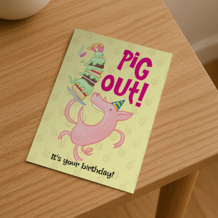 Funny Pig isst Geburtstagskuchen Ausgehen! Cartoon Postkarte