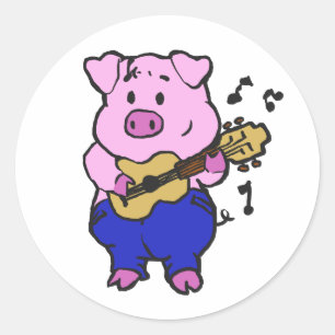 Funny Pig spielt Gitarre Hintergrundfarbe auswäh Runder Aufkleber