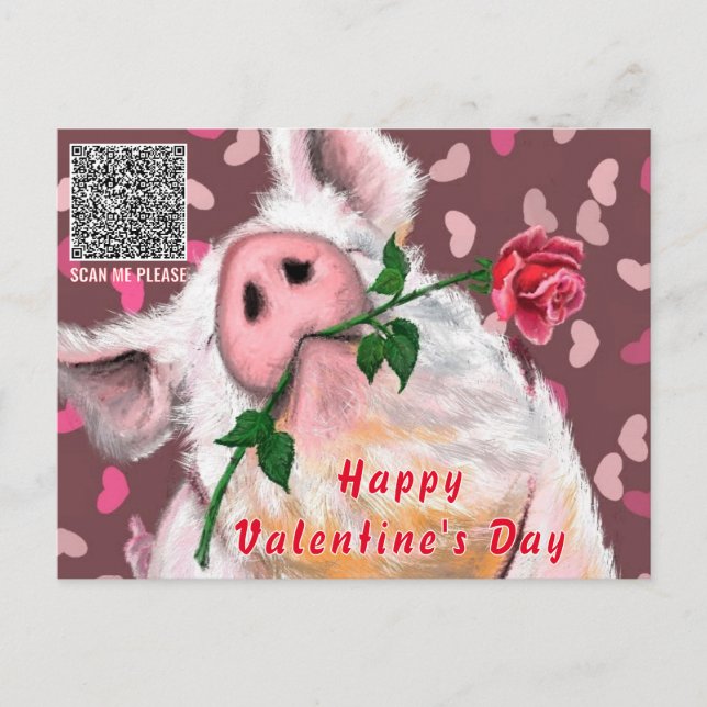 Funny Pig Valentine's Day Card mit QR Code Postkarte (Vorderseite)