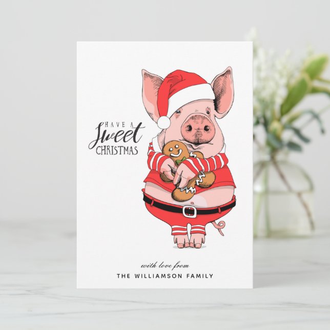 Funny Piggy Sweet Christmas Card Feiertagskarte (Stehend Vorderseite)