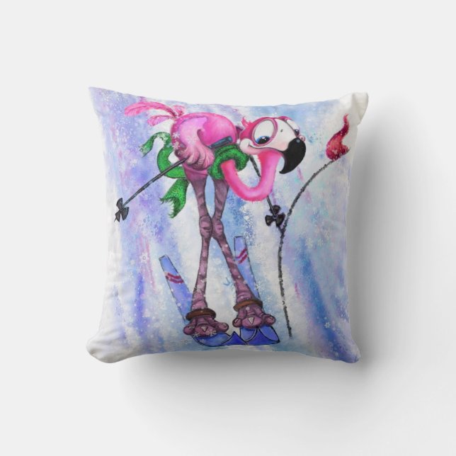 Funny Pillow mit Pink Flamingo Skier Kissen (Vorderseite)