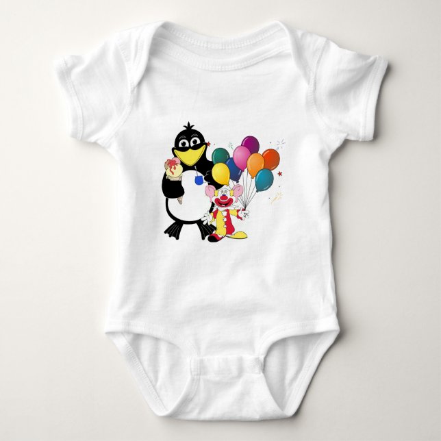 Funny Pinguin & Clown Cartoon Baby Strampler (Vorderseite)