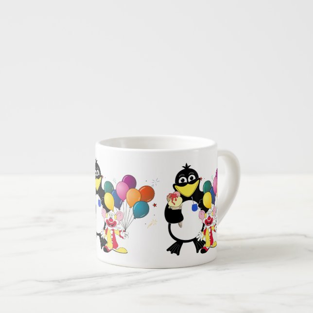 Funny Pinguin & Clown Cartoon Espressotasse (Vorderseite Rechts)
