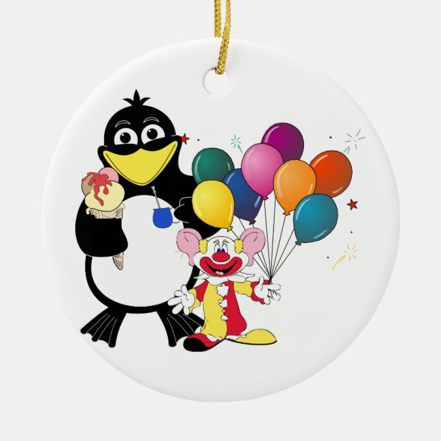 Funny Pinguin & Clown Cartoon Keramikornament (Vorne)