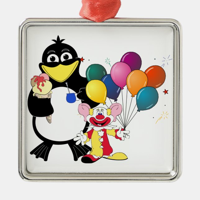 Funny Pinguin & Clown Cartoon Ornament Aus Metall (Vorne)