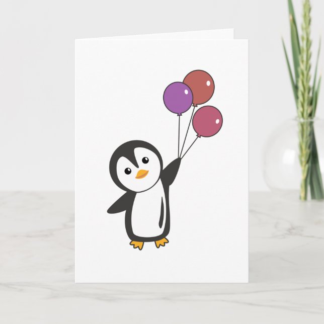 Funny Pinguin fliegt mit Balloons auf Karte (Vorderseite)