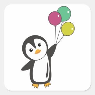 Funny Pinguin fliegt mit Balloons auf Quadratischer Aufkleber