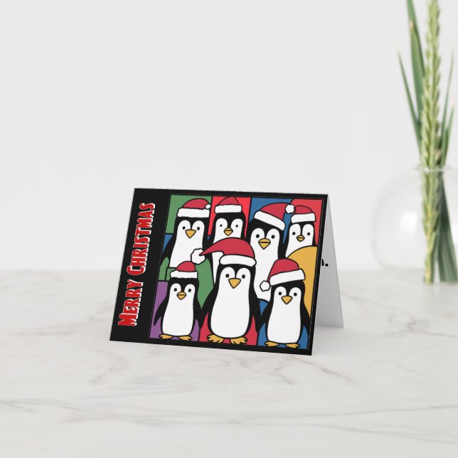 Funny Pinguine in Weihnachtsmannmützen Weihnachten Karte (Vorderseite)