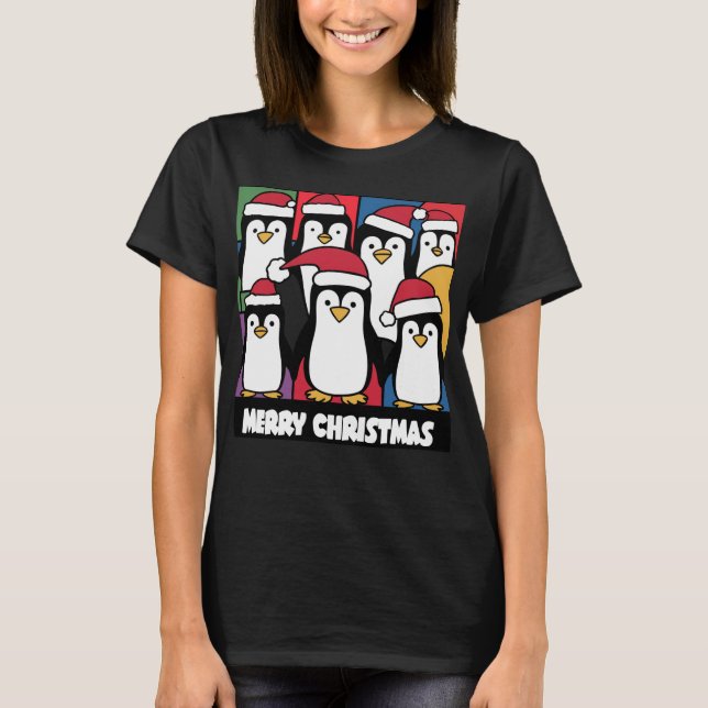 Funny Pinguine in Weihnachtsmannmützen Weihnachten T-Shirt (Vorderseite)