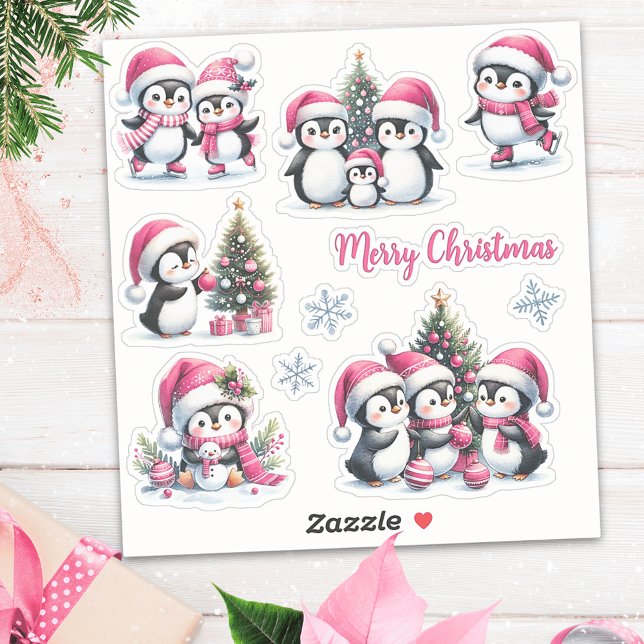 Funny Pinguins in Pink Frohe Weihnachten Aufkleber (Von Creator hochgeladen)
